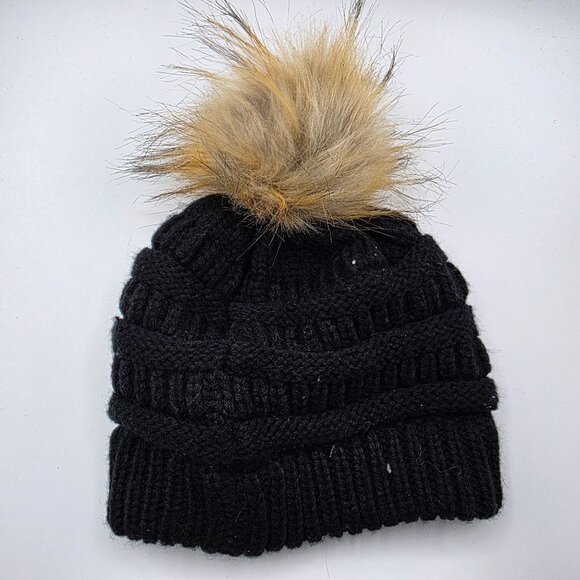 TxT Knit Pom Beanie Black Faux Fur One Size Ribbed Winter Warm Hat Casual - Picture 2 of 6